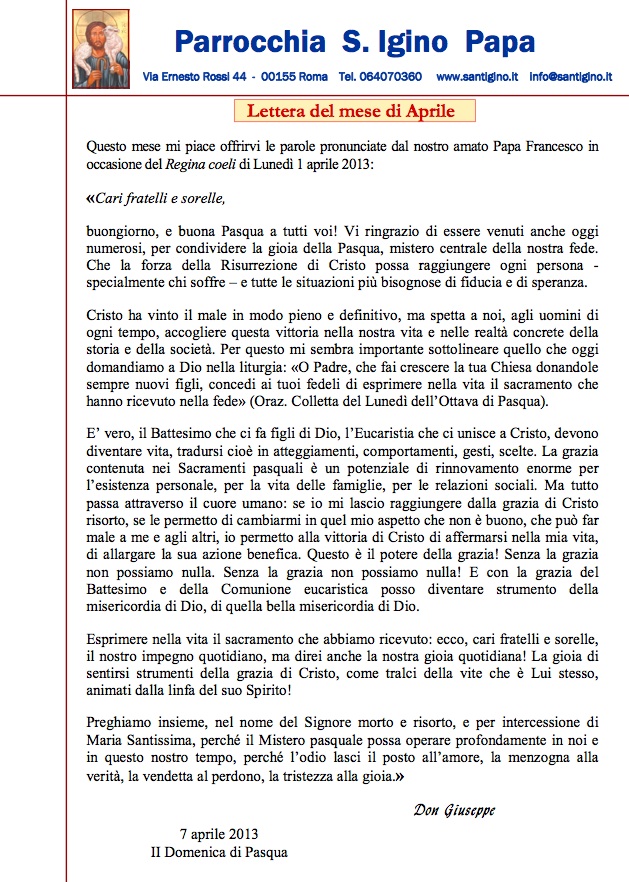 Lettera pastorale Aprile